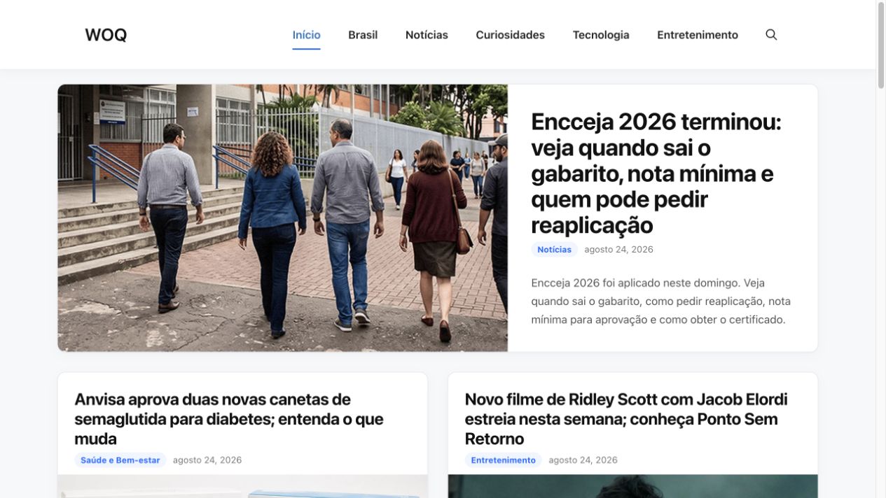 Prévia da página inicial do WOQ
